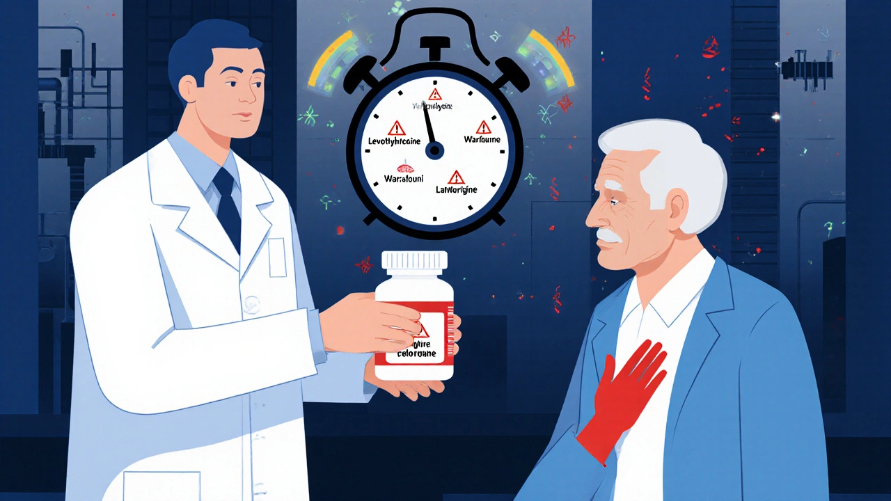 An elderly patient receiving a pill bottle that transforms into a ticking clock with drug names.