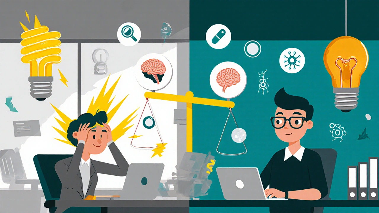 An office scene divided between harsh fluorescent lights causing pain and warm lighting with FL-41 glasses offering relief.