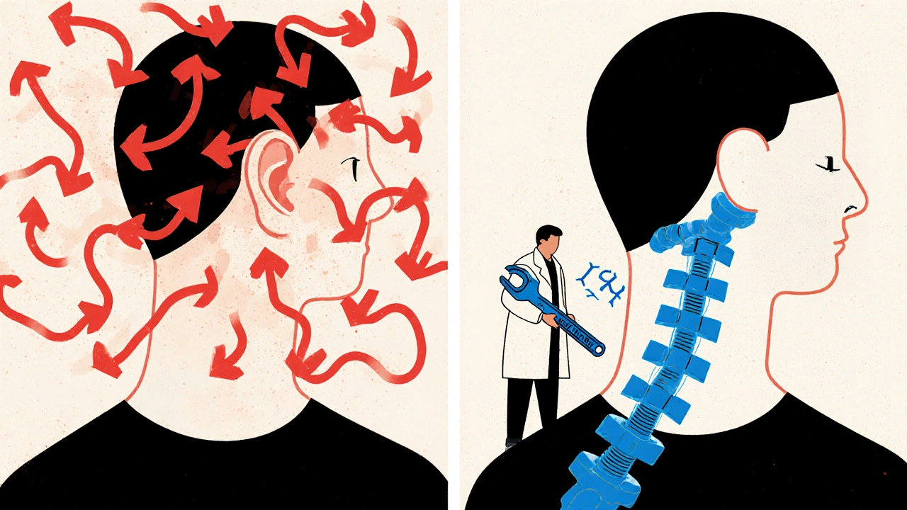 Before-and-after: slumped vs upright posture, with chaotic vs calm signals to the inner ear.