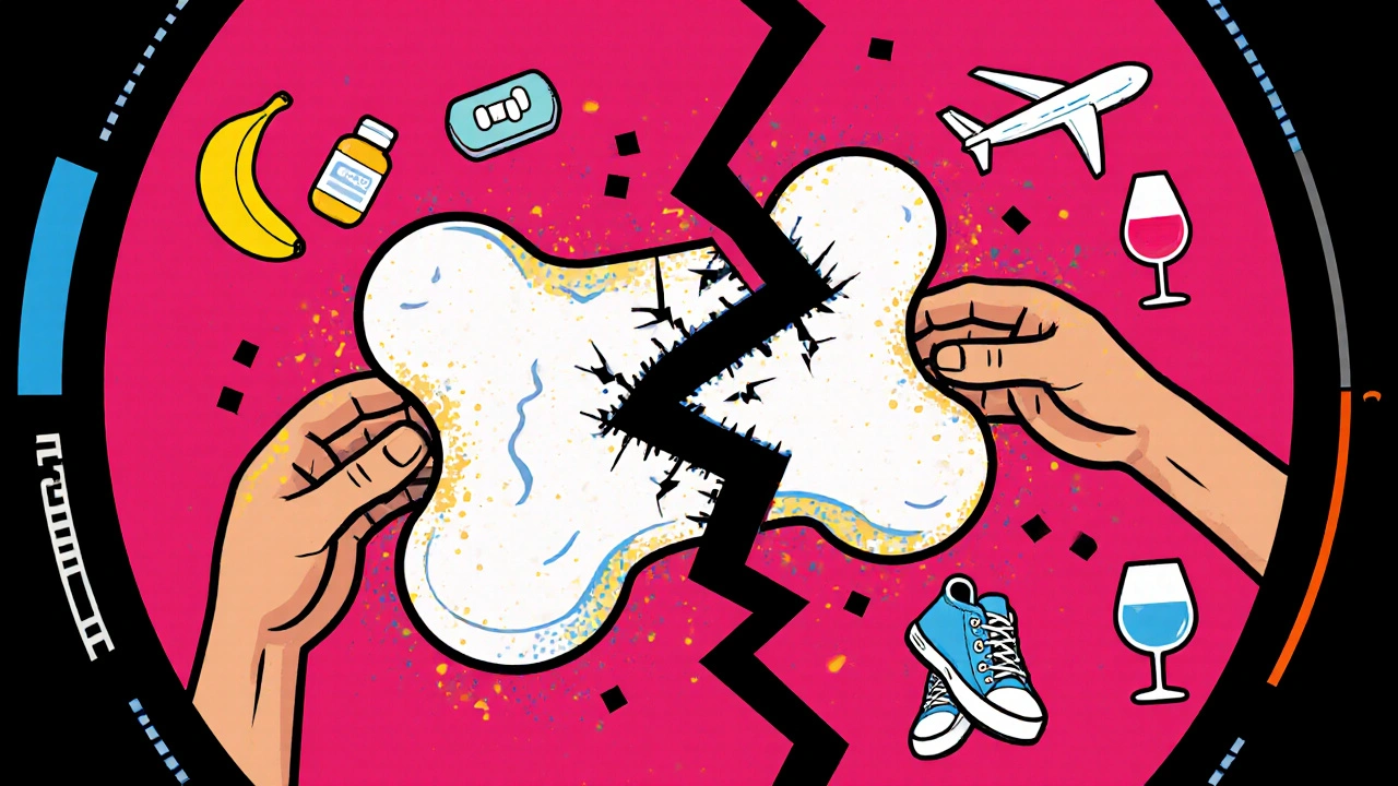 Broken bone rebuilding with calcium, vitamin D, and lifestyle icons