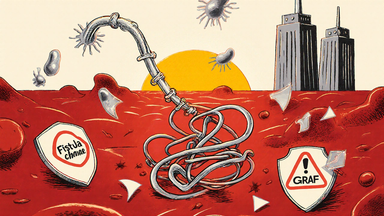 Catheter depicted as a fragile wire in a dangerous bloodstream, contrasted with strong fistula and graft towers under a rising sun.