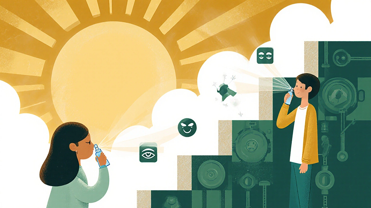 Child and adult using nasal sprays in rhythmic motion as symptoms fade into rising geometric shapes at dawn.