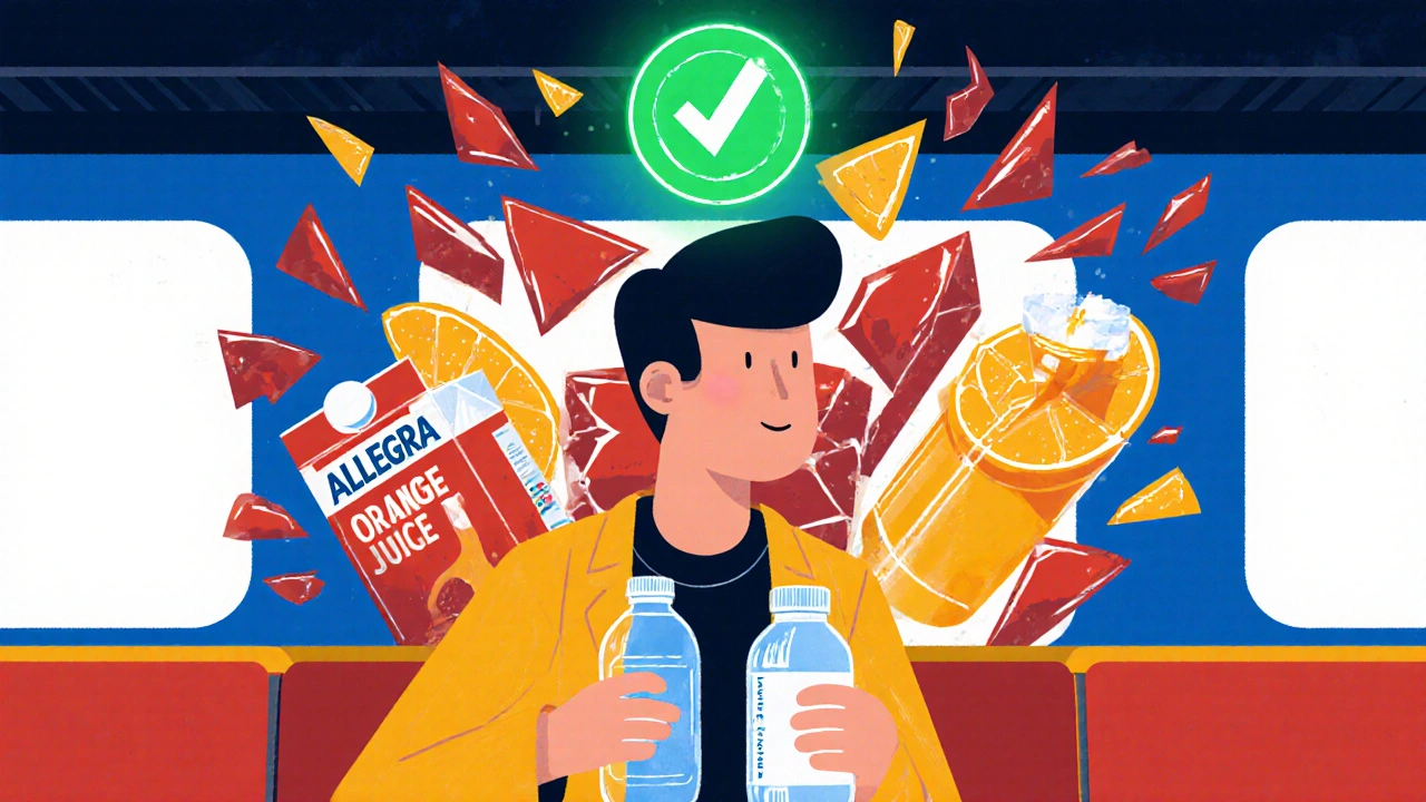 Commuter taking Allegra with water while fruit juices shatter, symbolizing absorption rule