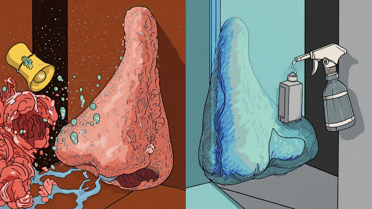 Contrasting inflamed vs. calm nasal passages rendered in sharp industrial forms and muted metallic tones.