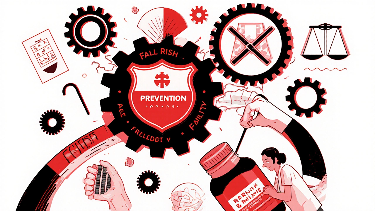 Doctor&#039;s office as a machine crushing fall risk gears under stroke prevention cog, patient reaching for protective DOAC shield.