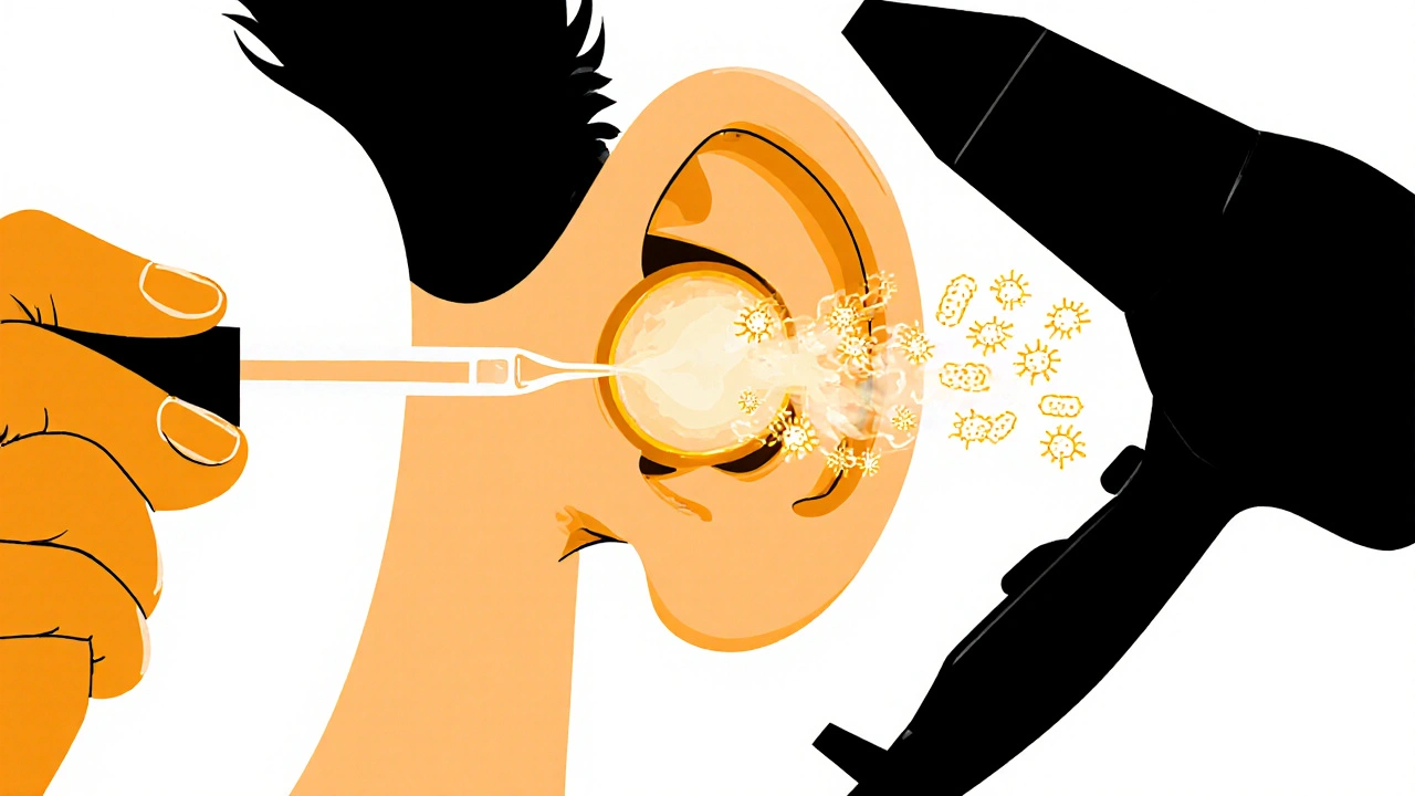 Dropper applying solution into ear canal with bacteria dissolving