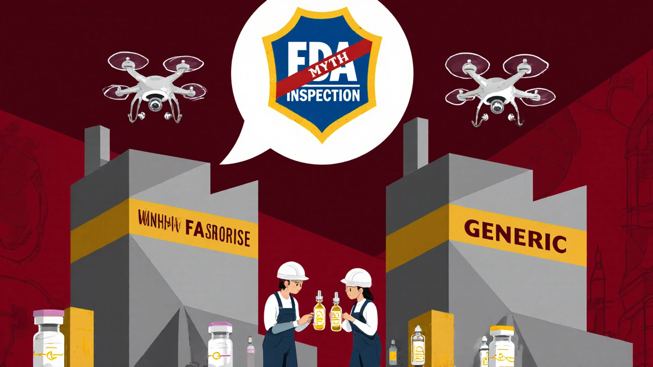 FDA inspection badge crushing a myth bubble, with equal brand and generic factories under identical inspections.
