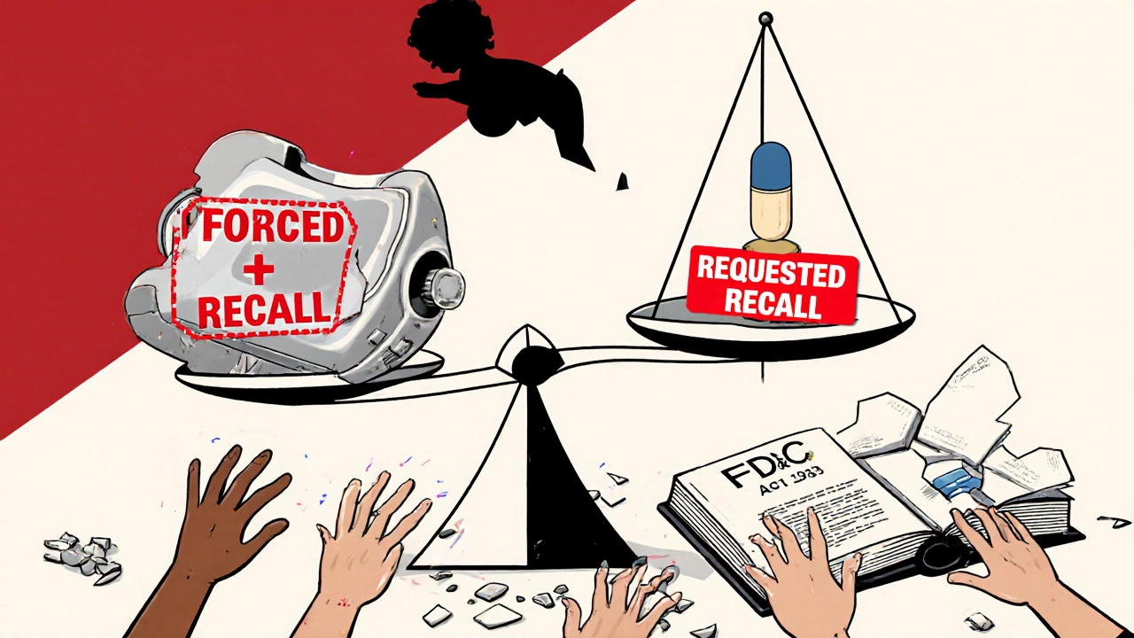 Fractured scale comparing forced medical device recall to weak drug recall request, patients reaching helplessly.