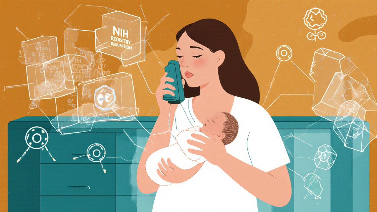 Mother breastfeeding while using inhaler, oxygen streams connect her to baby, abstract medical symbols.