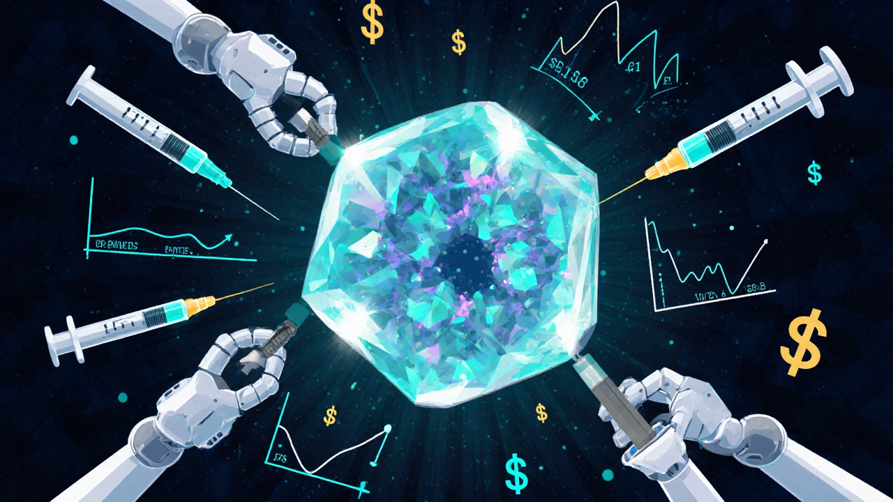 Nanoparticle injectable under mechanical analysis with floating data metrics in industrial style.