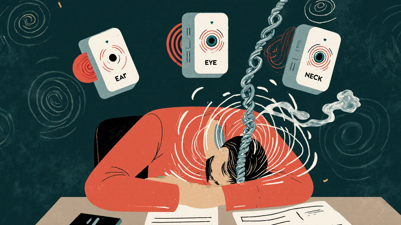 Person at desk with neck as twisted rod, three smoke alarms sparking, causing dizzying waves.