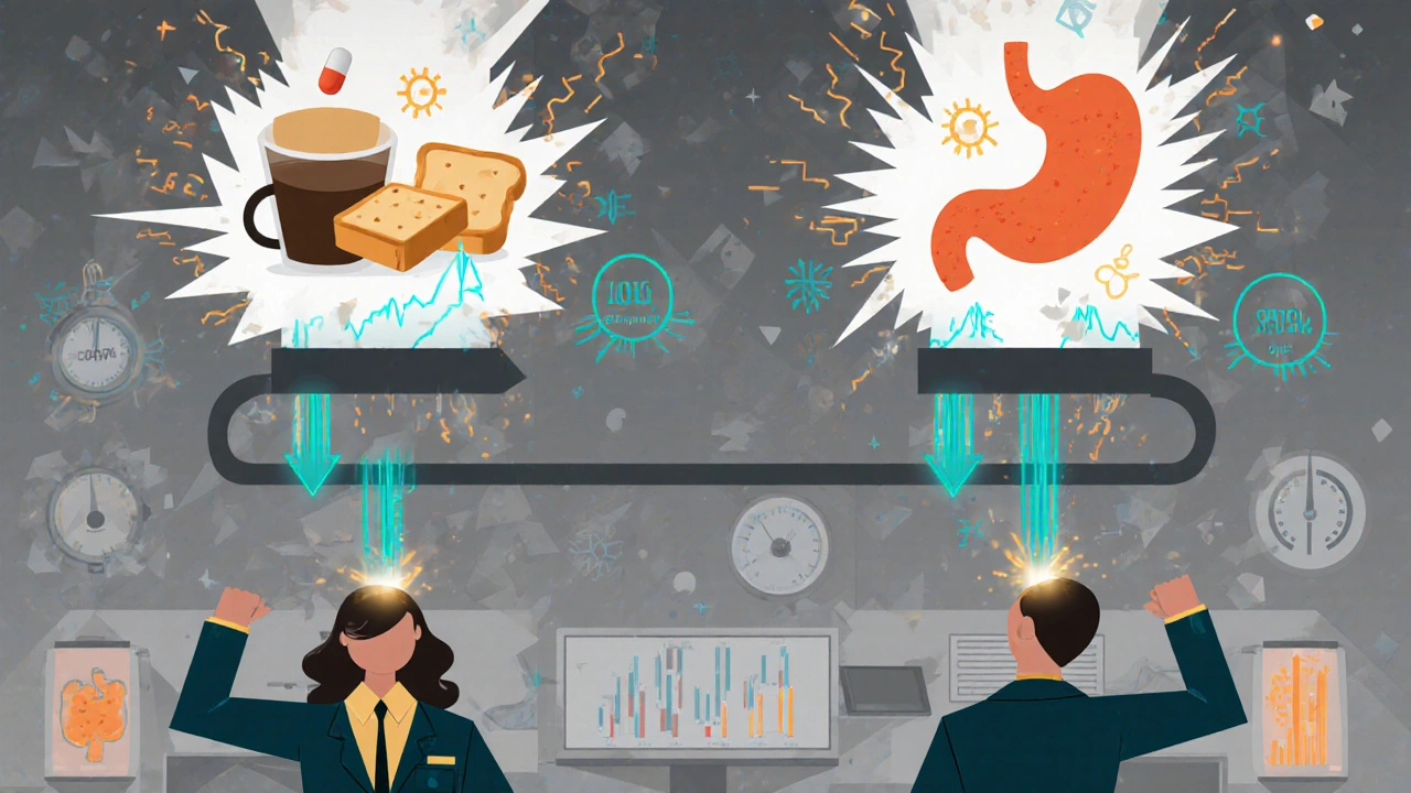 Pharmaceutical lab with two patient timelines, glowing data streams showing high and low drug absorption under fed and fasted conditions.