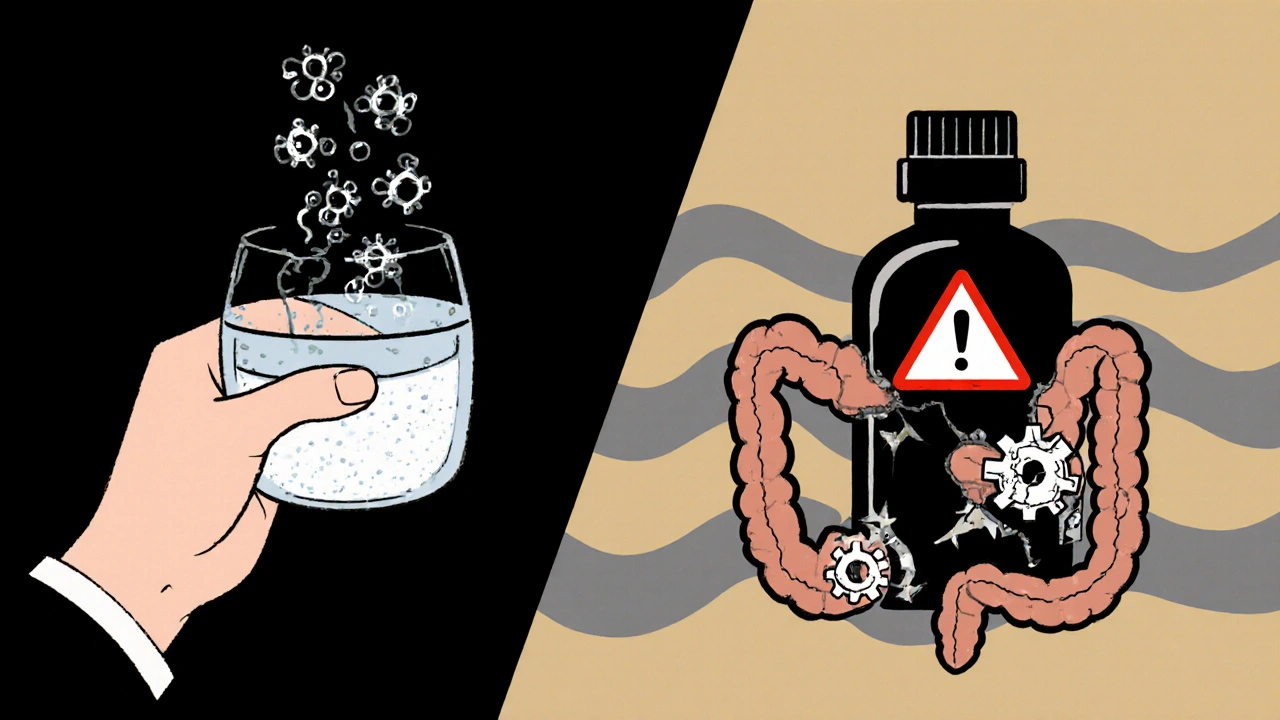 Split illustration: PEG drawing water into the colon versus broken stimulant laxative gears.