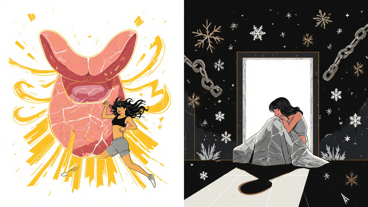 Split illustration showing hyperthyroidism with golden energy and hypothyroidism with frozen chains, same woman in both halves.