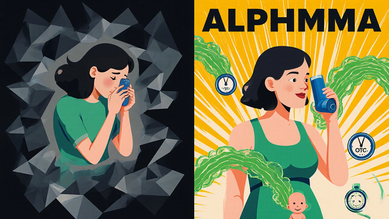 Split image: fear vs. confidence in asthma management during pregnancy, bold Constructivist style.