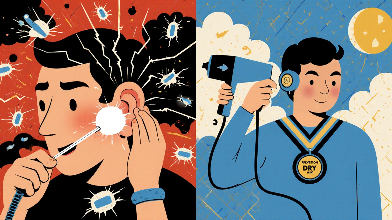 Split scene: cotton swab causing chaos vs. safe ear drying method
