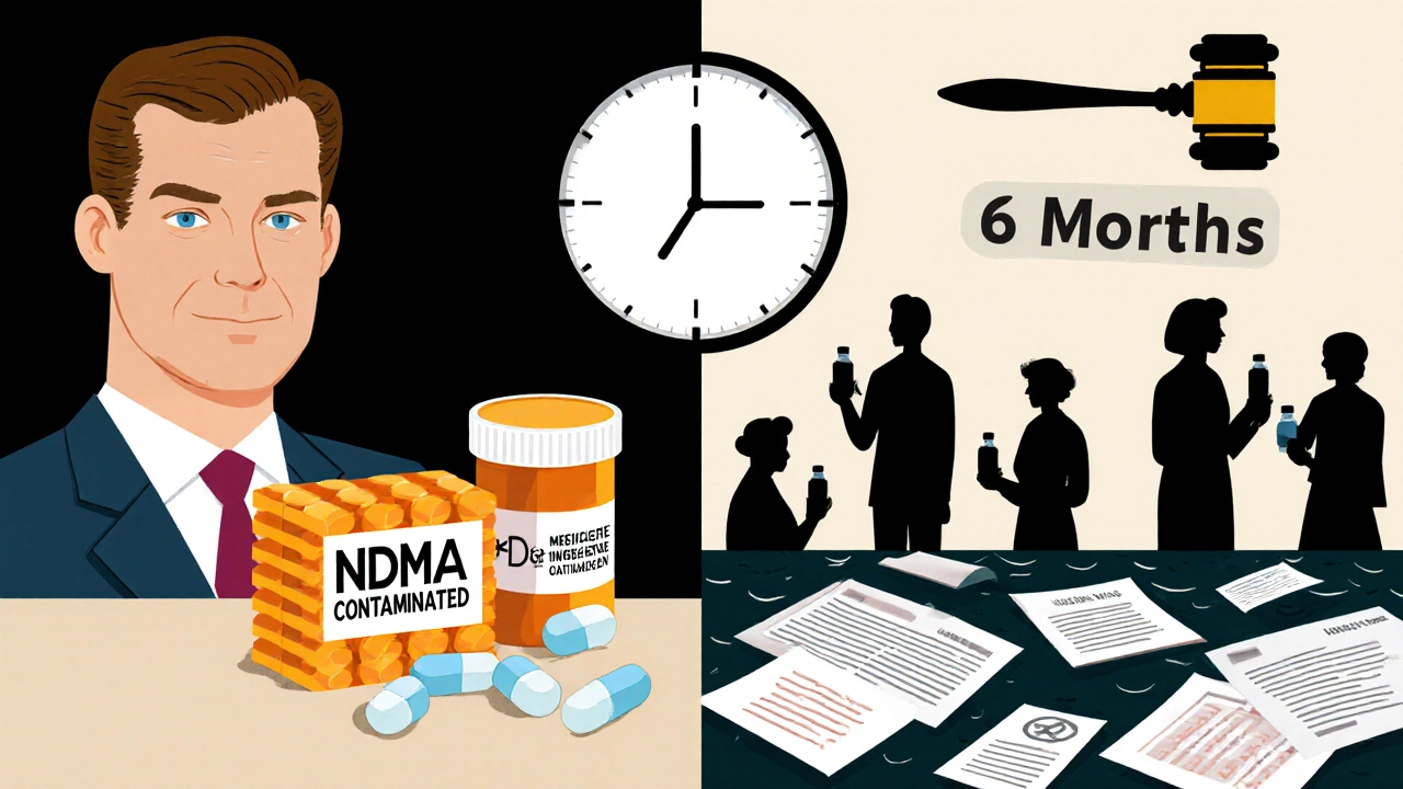 Split scene: pharmaceutical executive ignoring contaminated pills while patients wait, clock ticking toward six months.