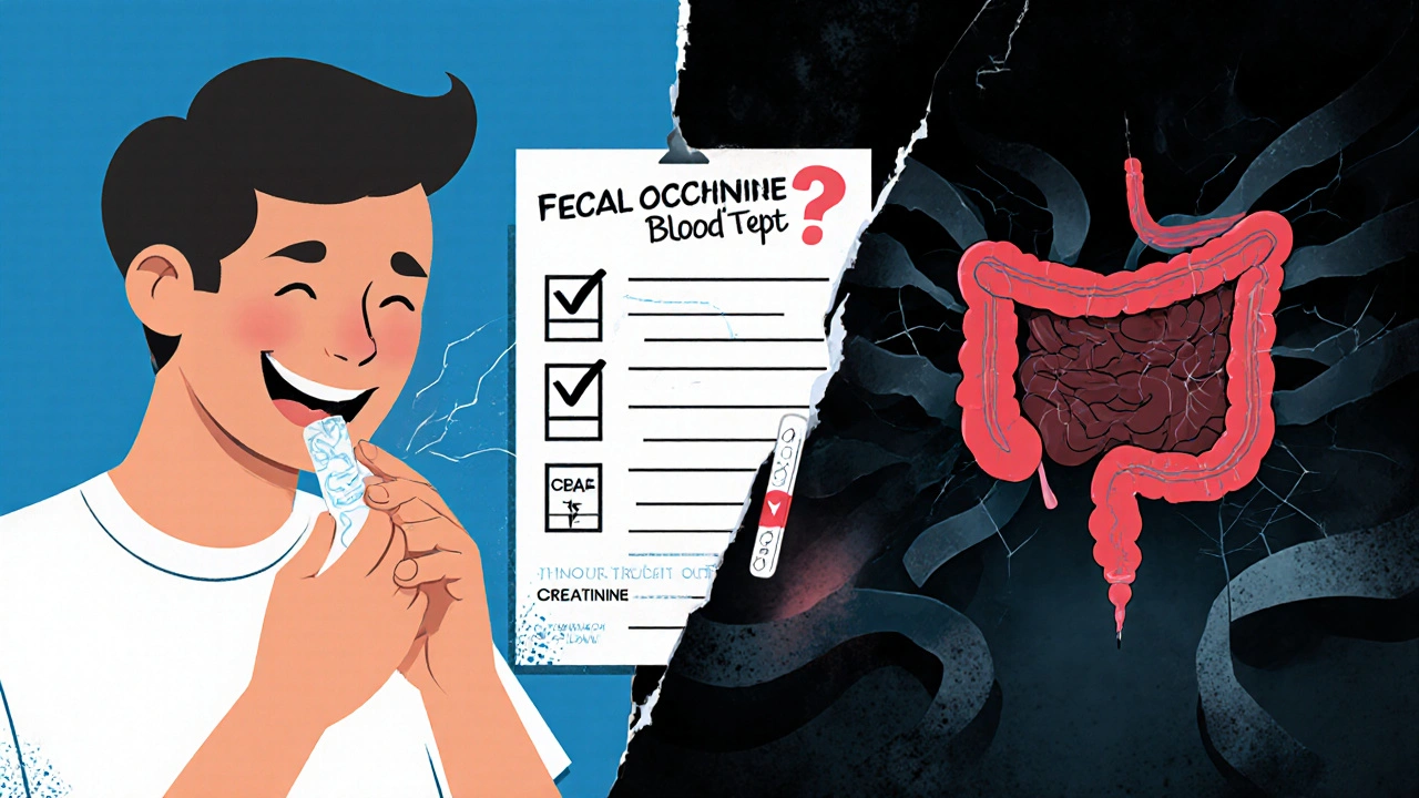 Split scene: smiling patient with invisible gut damage vs collapsed patient with black stool, medical chart half-torn