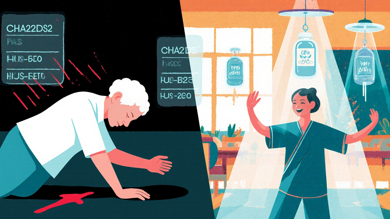 Split scene: woman falling versus doing Tai Chi, with medical scores and DOAC bottles glowing above her.