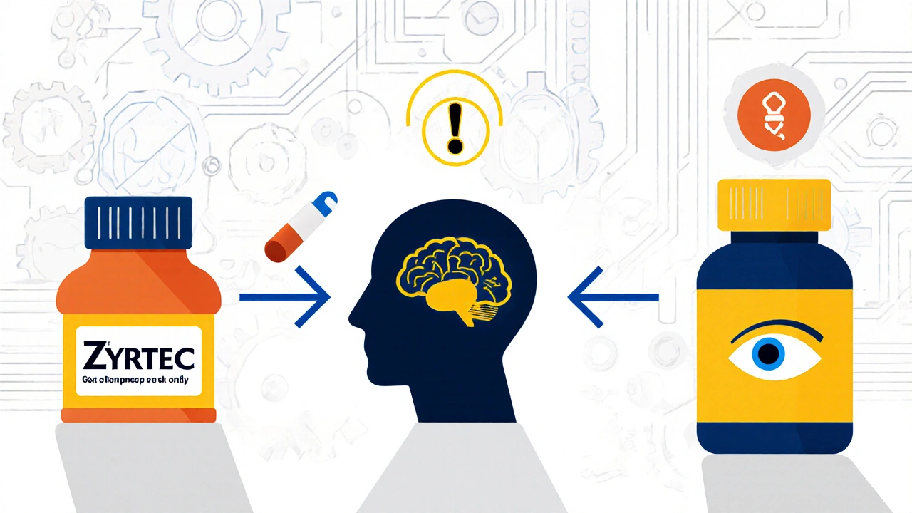 Three abstract medication bottles with arrows showing brain interaction levels, industrial background