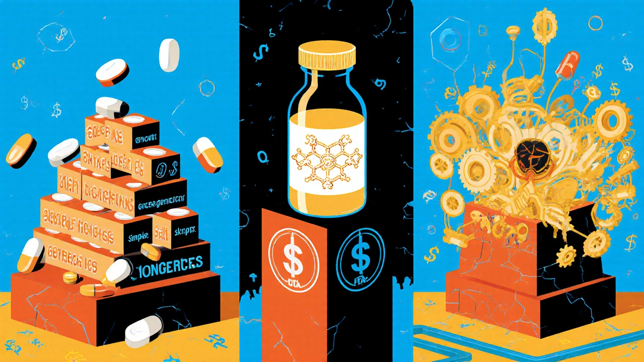 Three geometric pathways representing simple generics, complex generics, and contract manufacturing.
