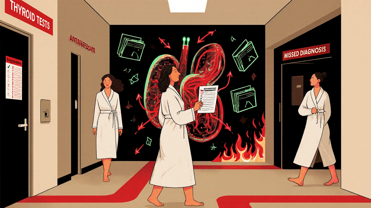 Three postpartum women choosing paths: one to depression treatment, one to pills, one to thyroid testing with glowing gland in background.