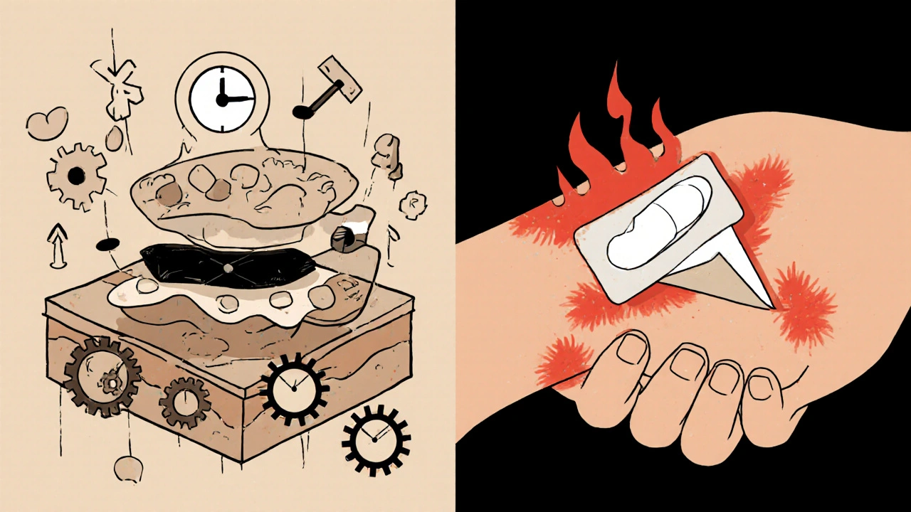 Transdermal patch releasing drug through skin layers, with failed patch causing skin irritation.