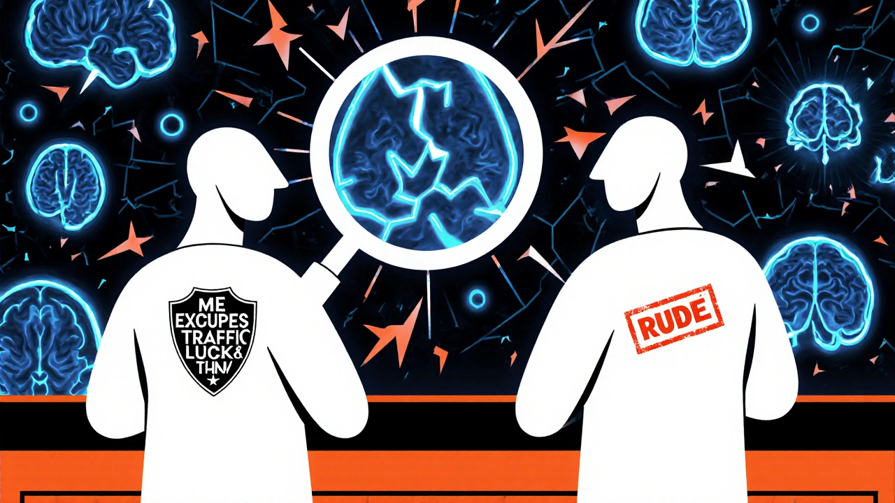 Two abstract figures in conflict with a distorting magnifying glass and brain scans in stark Constructivist composition.