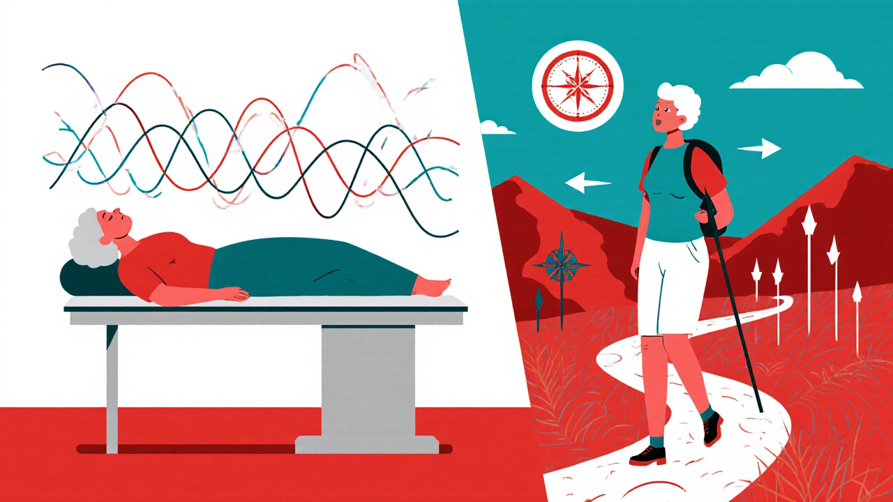 Woman on DEXA table with FRAX compass guiding her active lifestyle