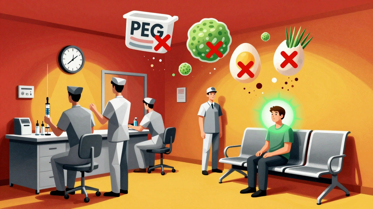 A clinic scene with floating vaccine ingredients marked by X&#039;s, a calm patient, and glowing protective light.