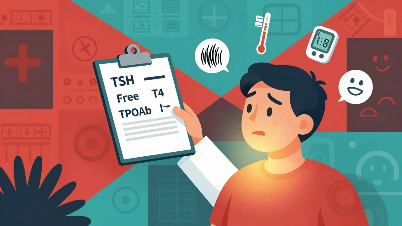 A doctor holding test results while floating health symbols spin around a patient, in geometric Constructivist illustration style.