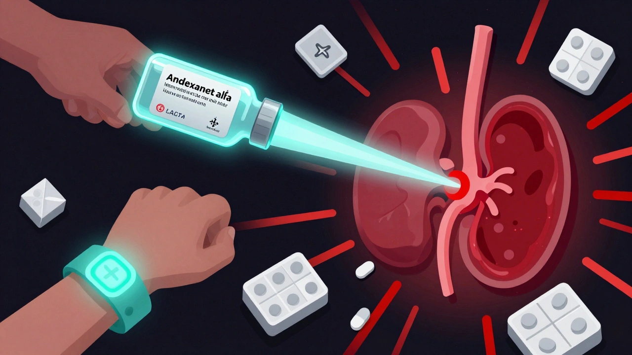 A glowing medical alert bracelet and reversal agent vial in an emergency room, fighting against bleeding shadows.