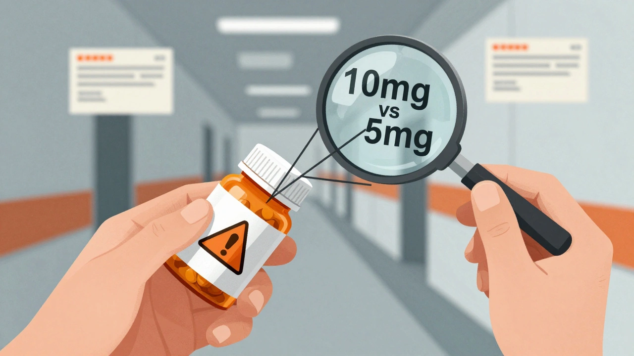 A hand examines a pill with a geometric warning symbol, magnified by abstract lines revealing dosage confusion.