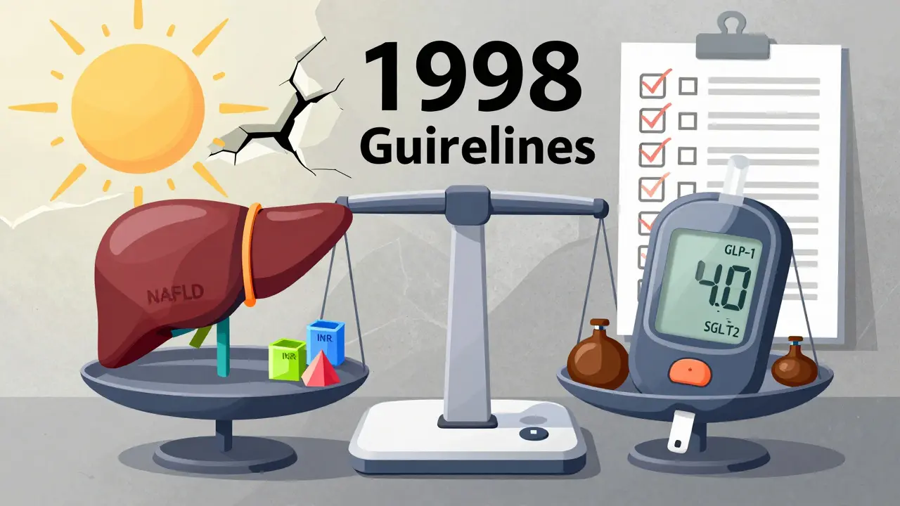 A medical scale balancing liver health and blood sugar, with alternative medications and outdated guidelines in background.