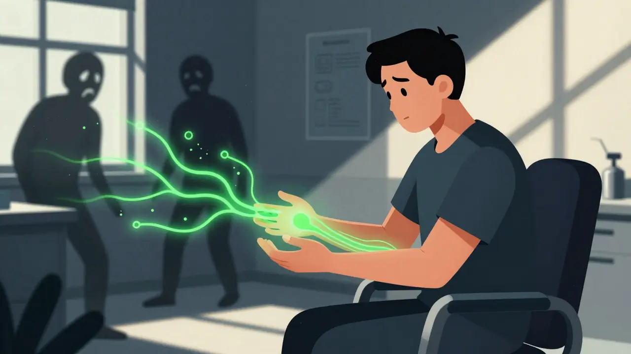 A patient retraining their hand as glowing nerves calm, with fear dissolving in the background.