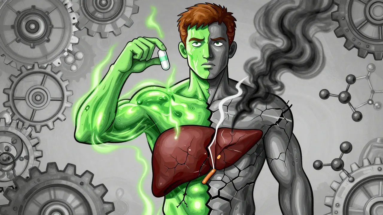 A split-body figure with a healthy upper half empowered by metformin and a damaged lower half showing lactic acidosis symptoms.