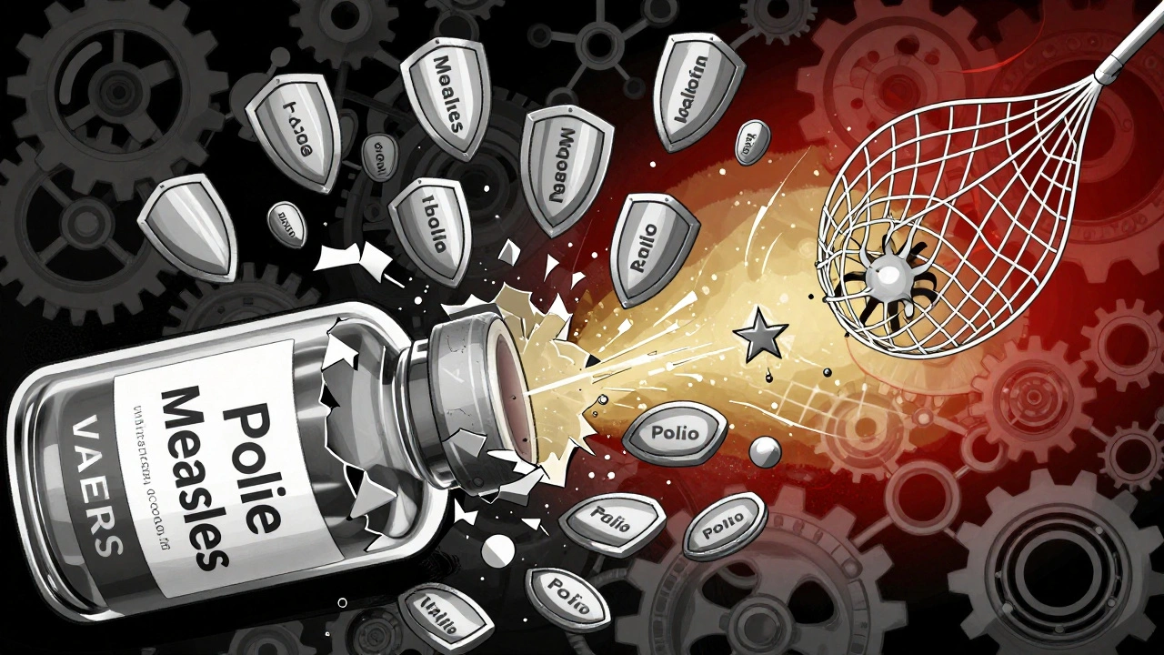 A vaccine vial releasing disease shields while a rare reaction is caught in a data net, surrounded by gears and molecules.