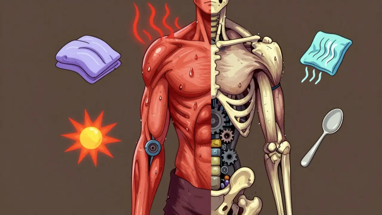 An arm split between inflamed and atrophied sides, with pain-triggering icons floating around it.