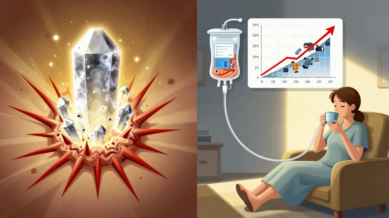 Contrasting treatments: talc scarring vs. home catheter, with rising survival chart above a calm patient