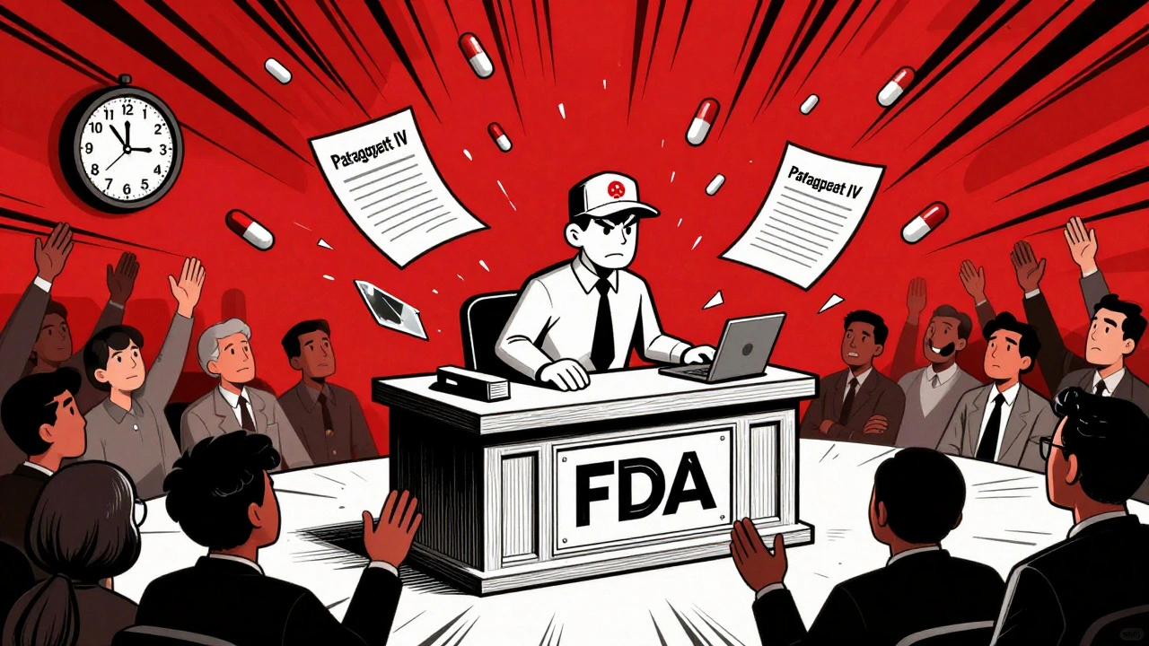 Courtroom scene with generic challenger facing FDA Orange Book bench, patent documents shattering as patients reach for pills.