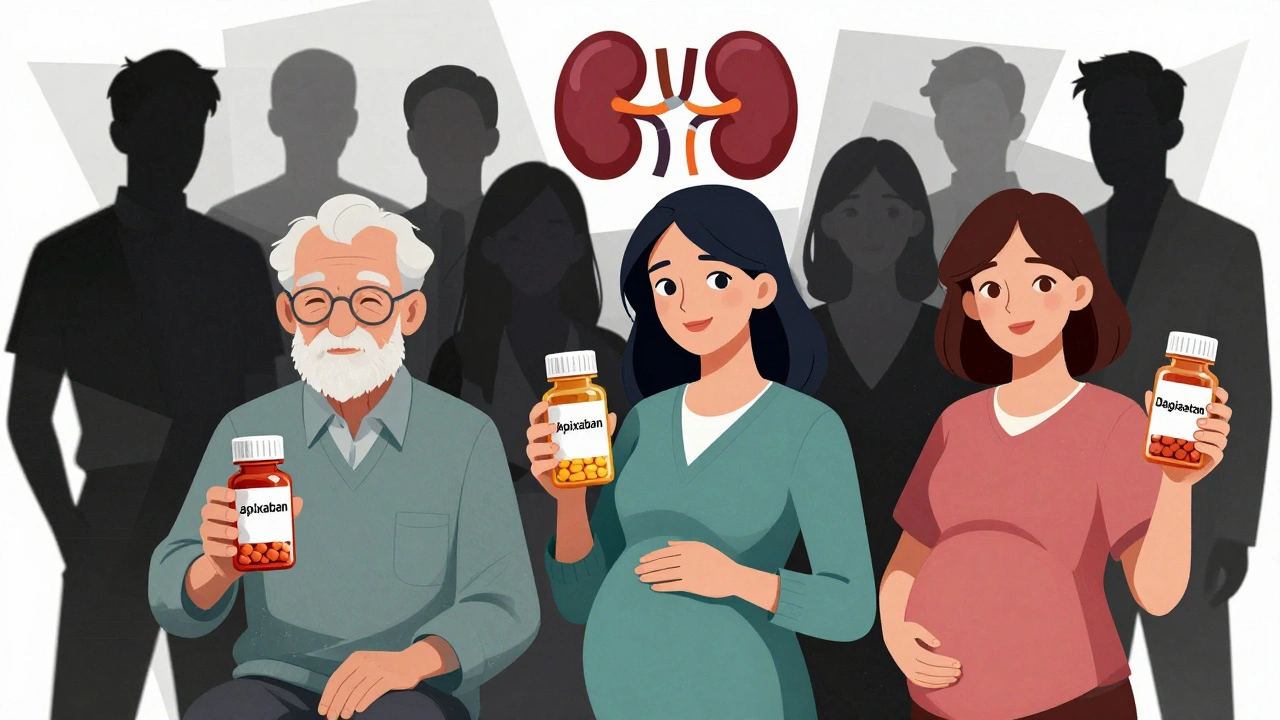 Diverse patients holding anticoagulant pills, with risk factors like kidneys and NSAIDs looming behind them.