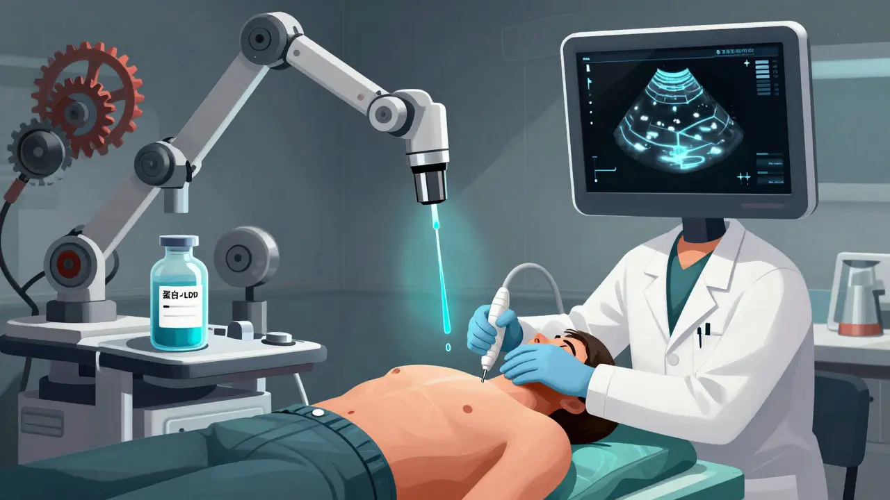Doctor using ultrasound to guide needle drainage of pleural fluid with abstract medical symbols in background