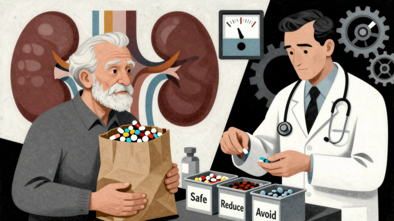 Elderly person with brown bag of pills being sorted by pharmacist into safety categories.