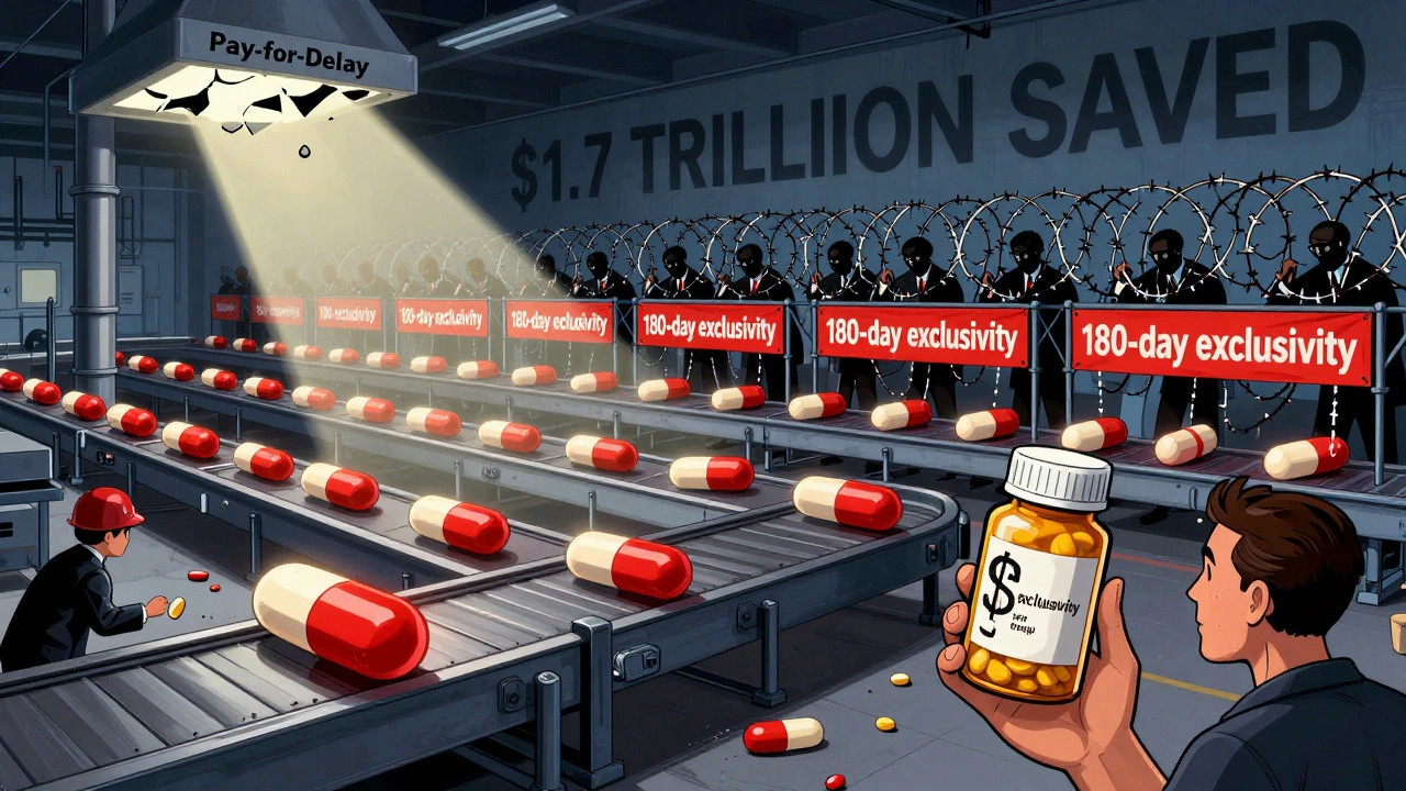 Factory conveyor belts producing generics under 180-day banners, patent thickets blocking flow, patient holds affordable pill.