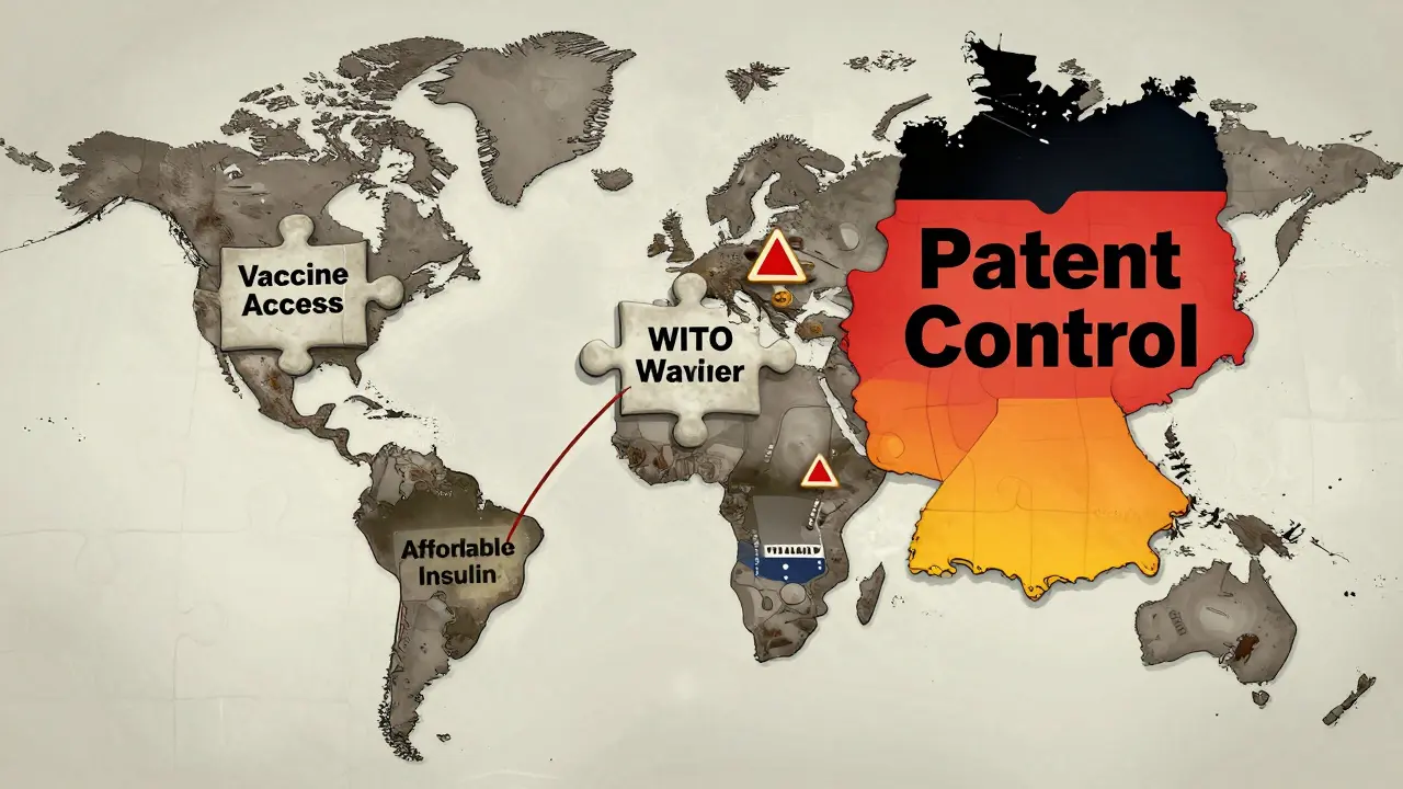 Global map of puzzle pieces showing access vs. patent control, connected by a WTO waiver thread.