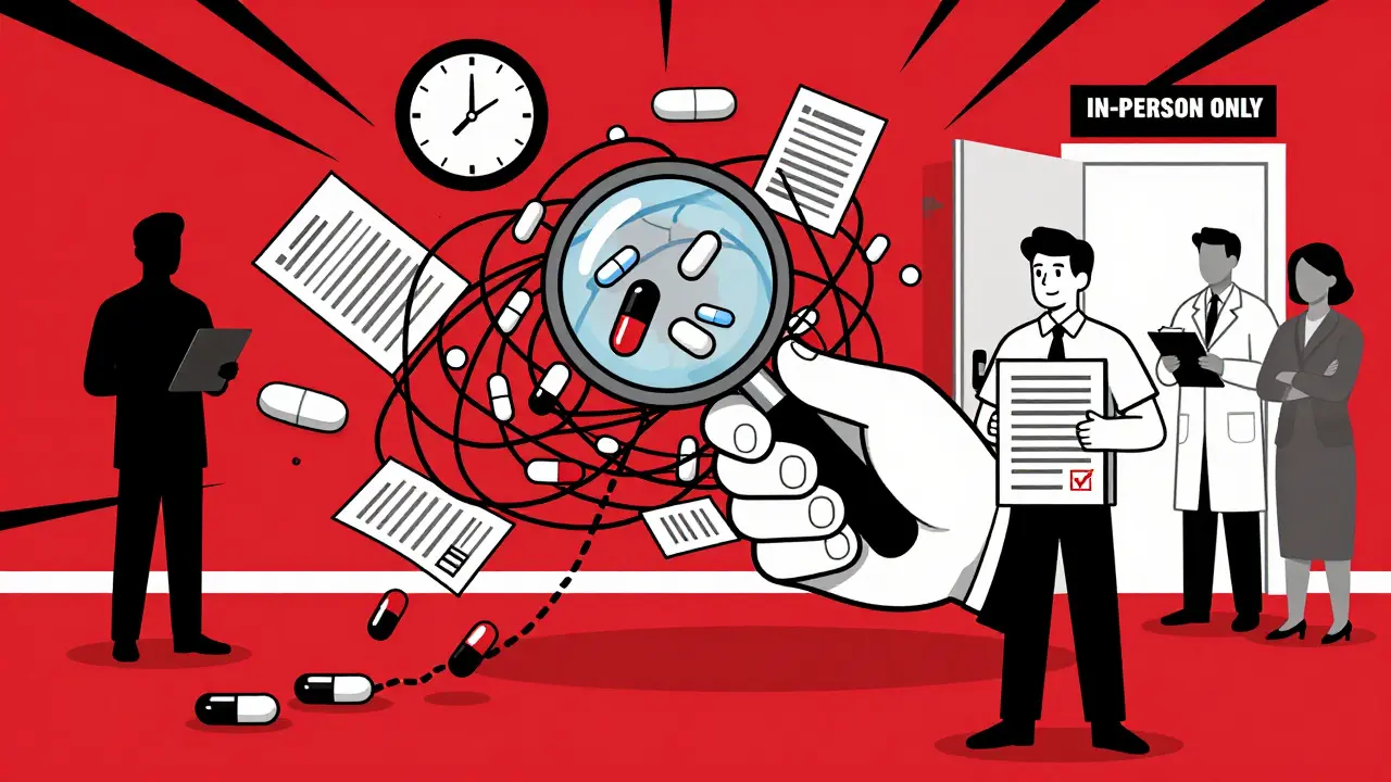 Magnifying glass over tangled pills with falling meds and a door marked 'IN-PERSON ONLY'.