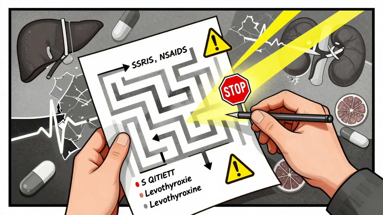 Medication list turning into a maze of warning arrows and medical icons in Constructivist style.