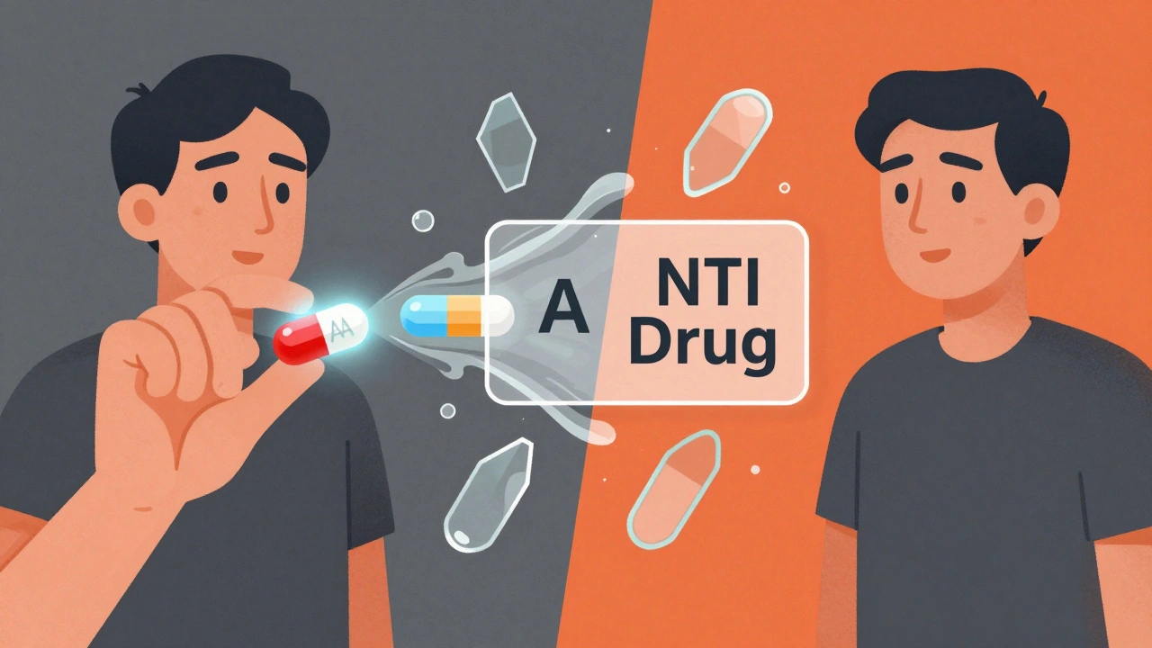 Patient holding two different generic pills with a warning sign between them