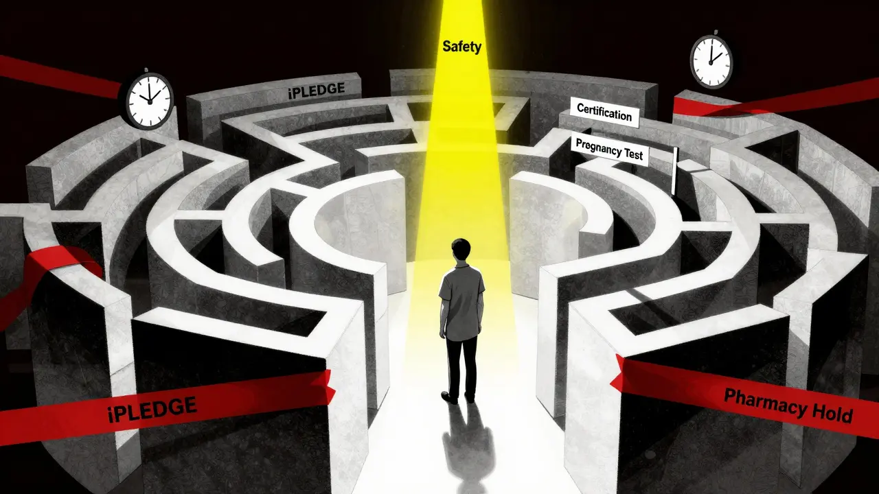 Patient in maze of REMS requirements, light shining from above, industrial aesthetic