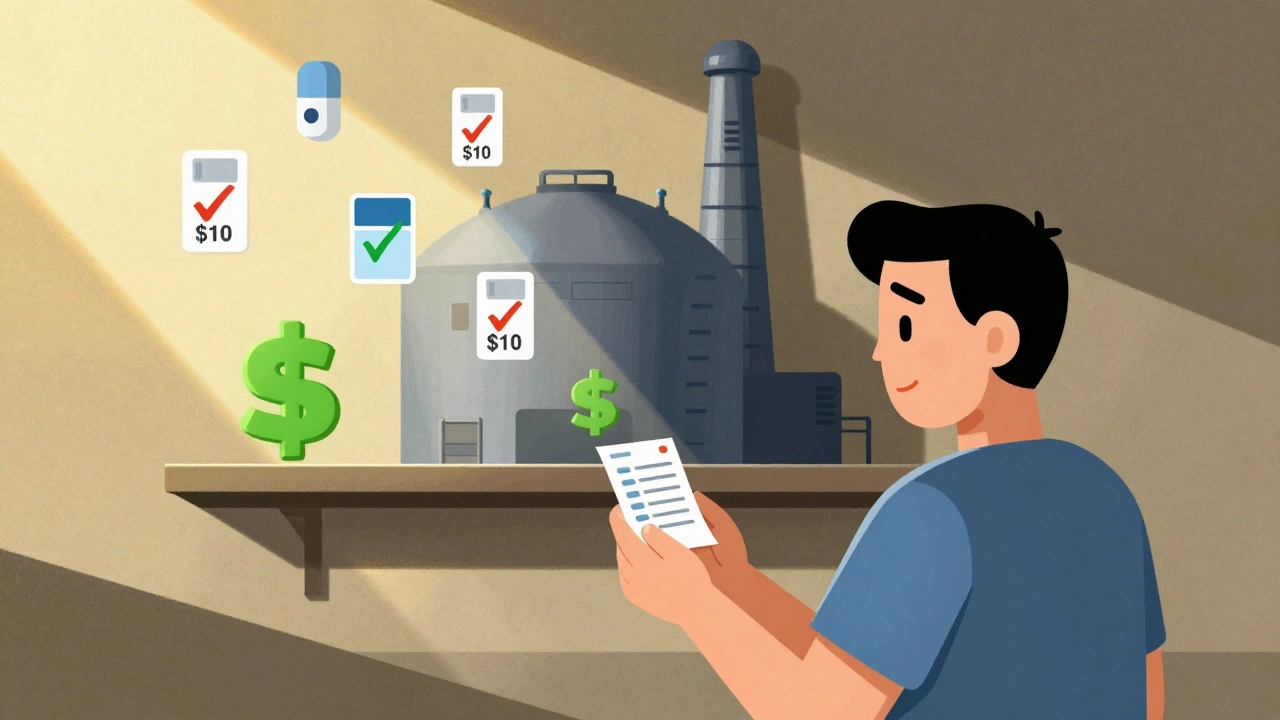 Patient surrounded by affordable generics while a lone factory casts a shadow